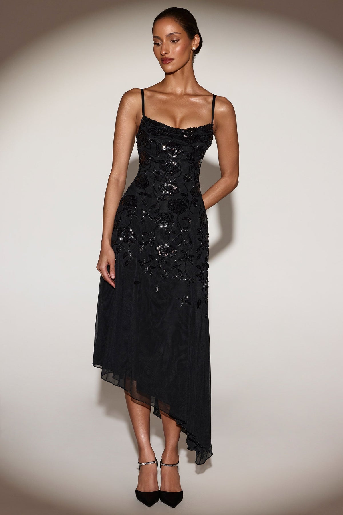 Embellished Soft-Scoop Asymmetric Midaxi Dress in Black – view 6