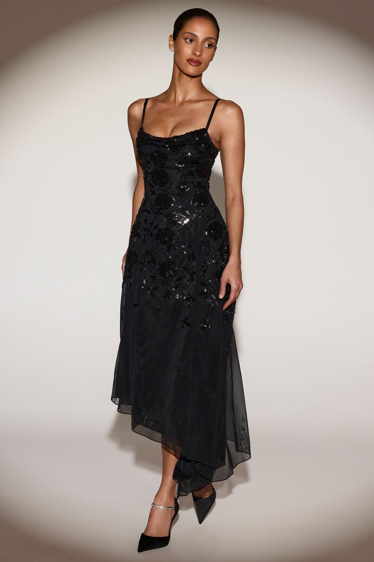 Embellished Soft-Scoop Asymmetric Midaxi Dress in Black – view 7