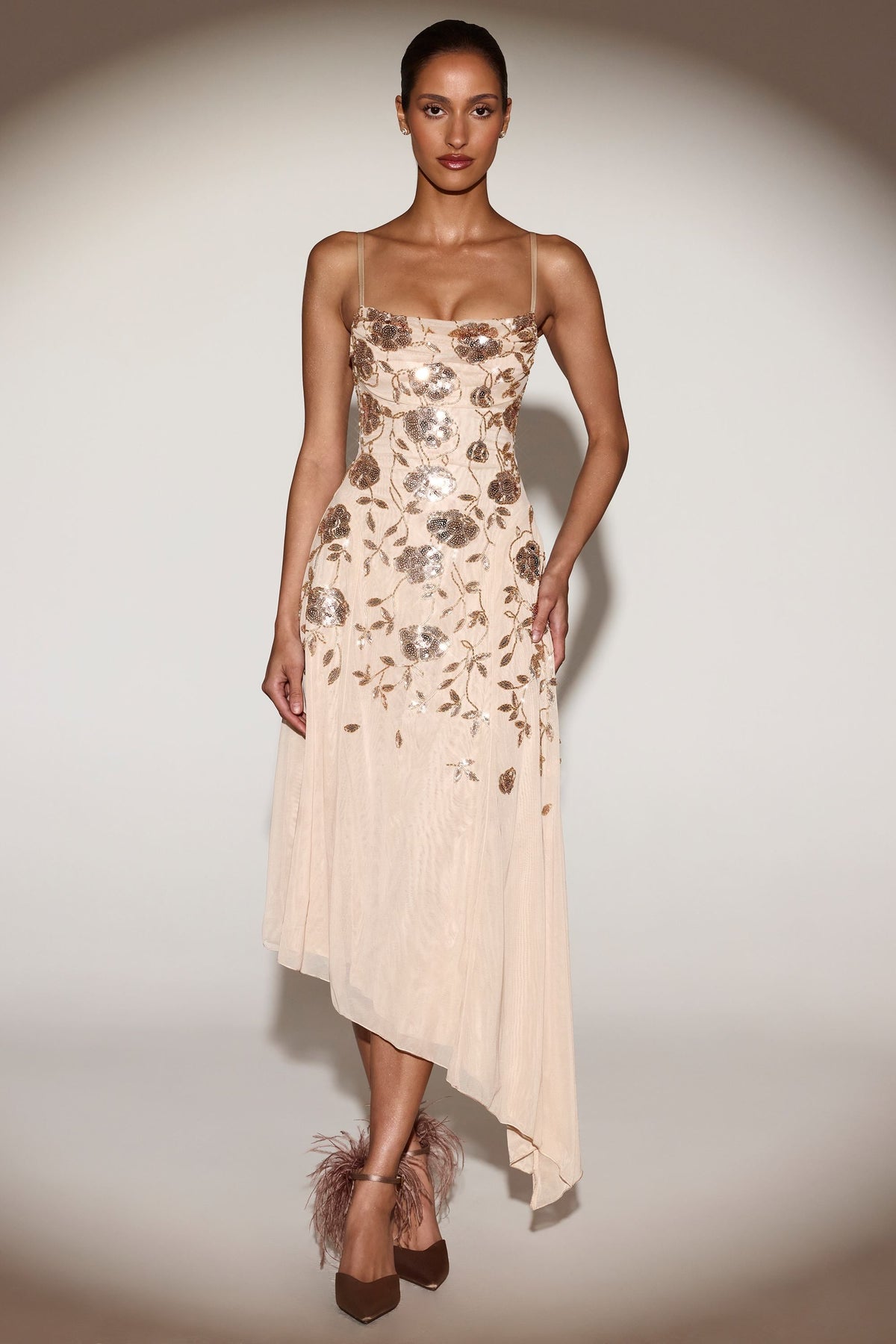 Embellished Soft-Scoop Asymmetric Midaxi Dress in Gold – view 1