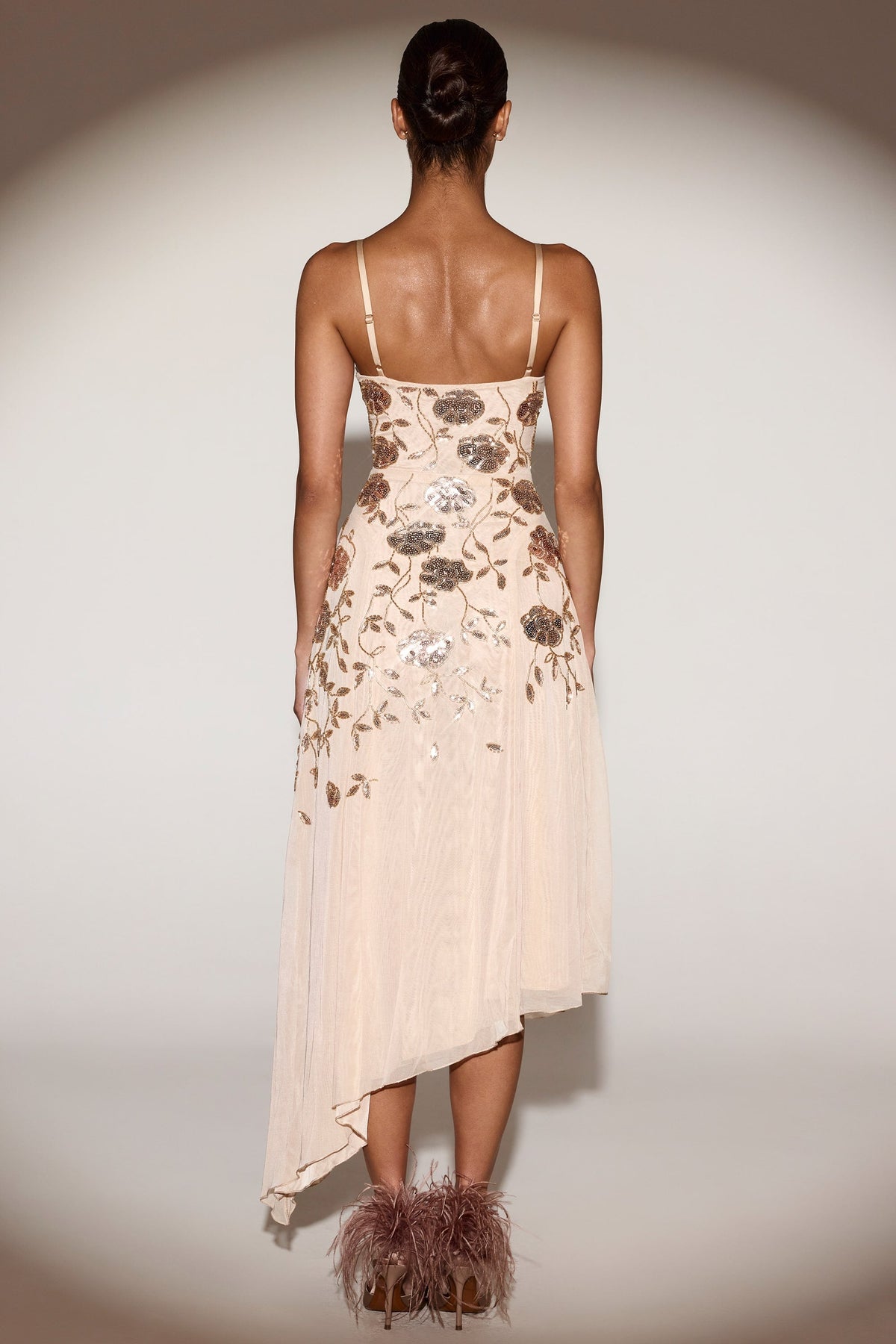 Embellished Soft-Scoop Asymmetric Midaxi Dress in Gold – view 3