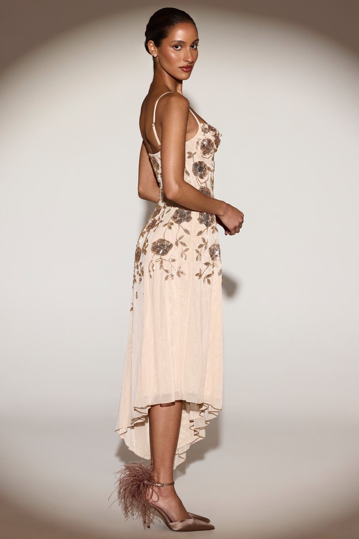 Embellished Soft-Scoop Asymmetric Midaxi Dress in Gold – view 4