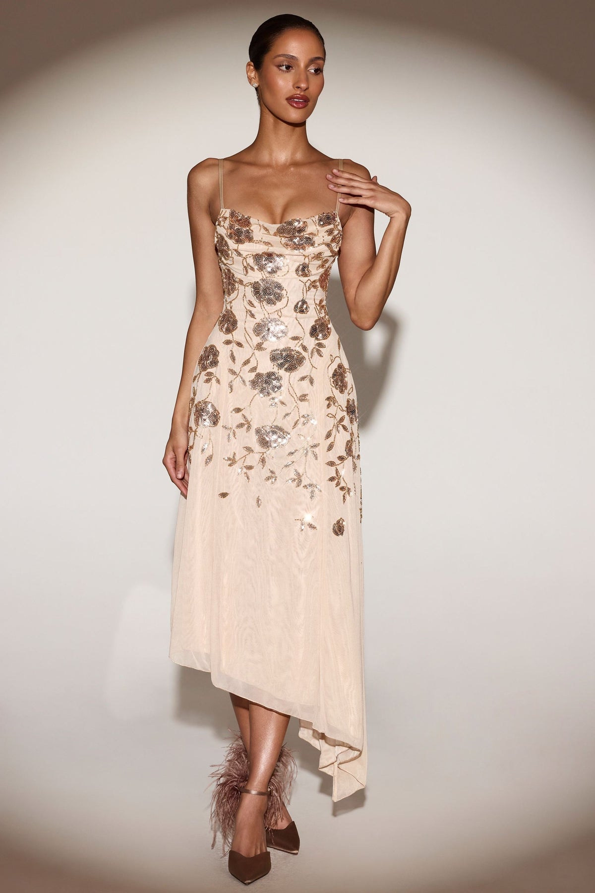 Embellished Soft-Scoop Asymmetric Midaxi Dress in Gold – view 7
