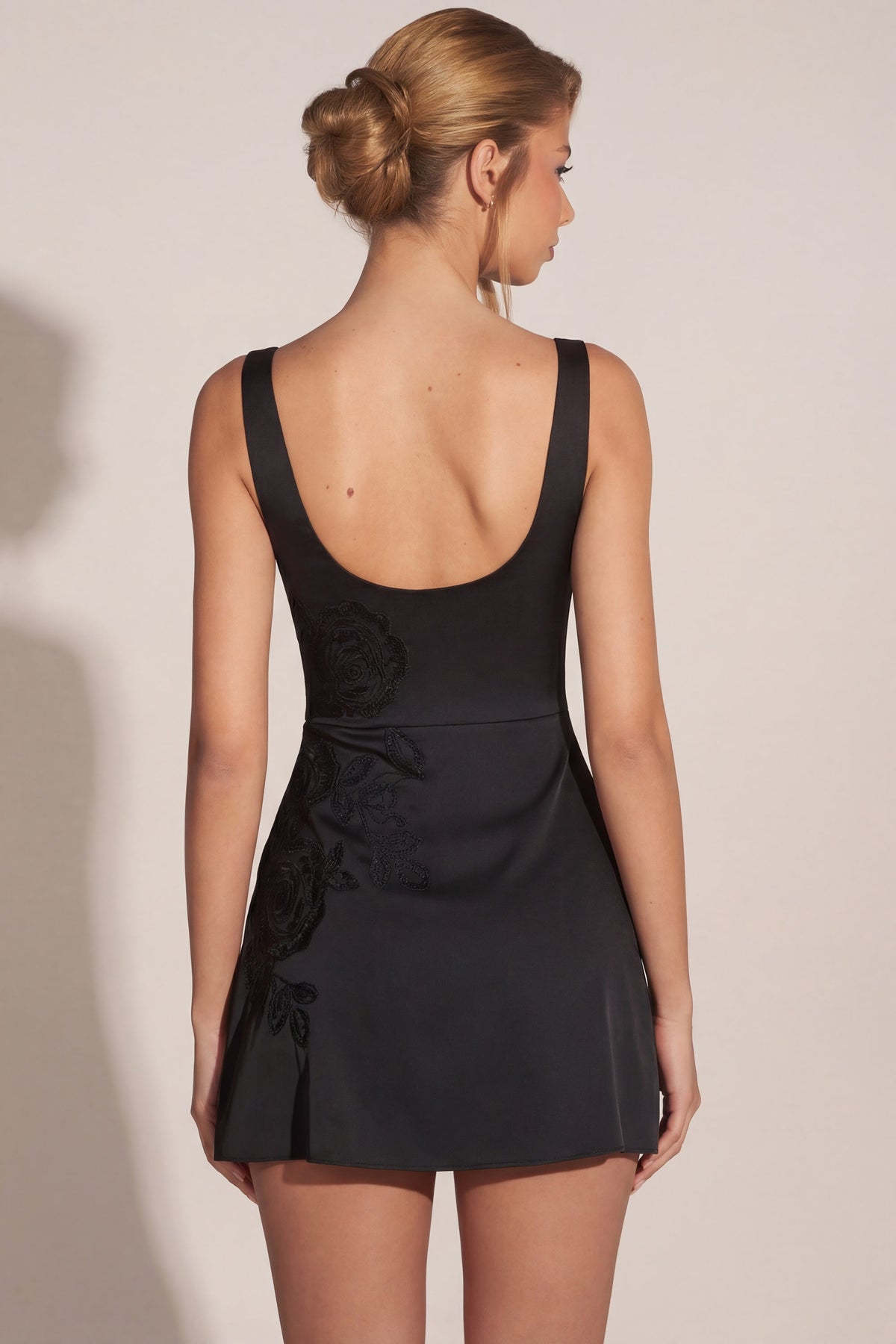 Embellished Scoop-Neck Fitted Mini Dress in Black – view 2