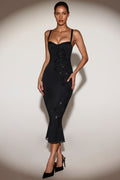 Embellished Peekaboo Fluted-Hem Midaxi Dress in Black – view 1