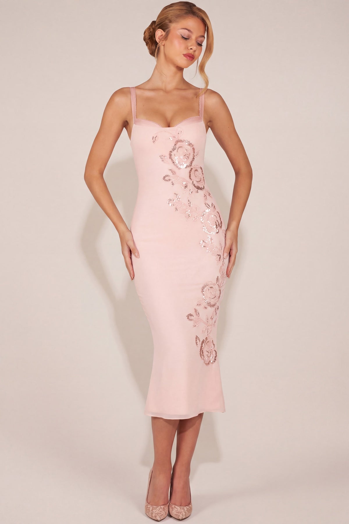Embellished Peekaboo Fluted-Hem Midaxi Dress in Pink – view 4