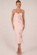 Embellished Peekaboo Fluted-Hem Midaxi Dress in Pink – view 1