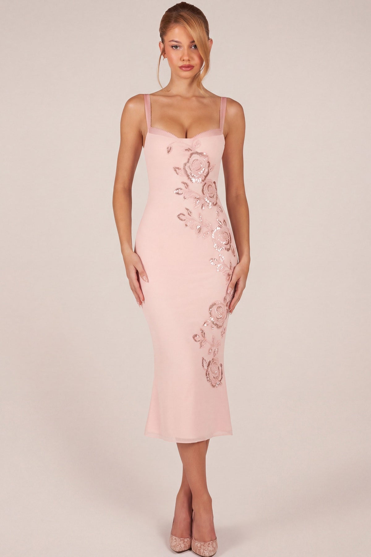 Embellished Peekaboo Fluted-Hem Midaxi Dress in Pink – view 1