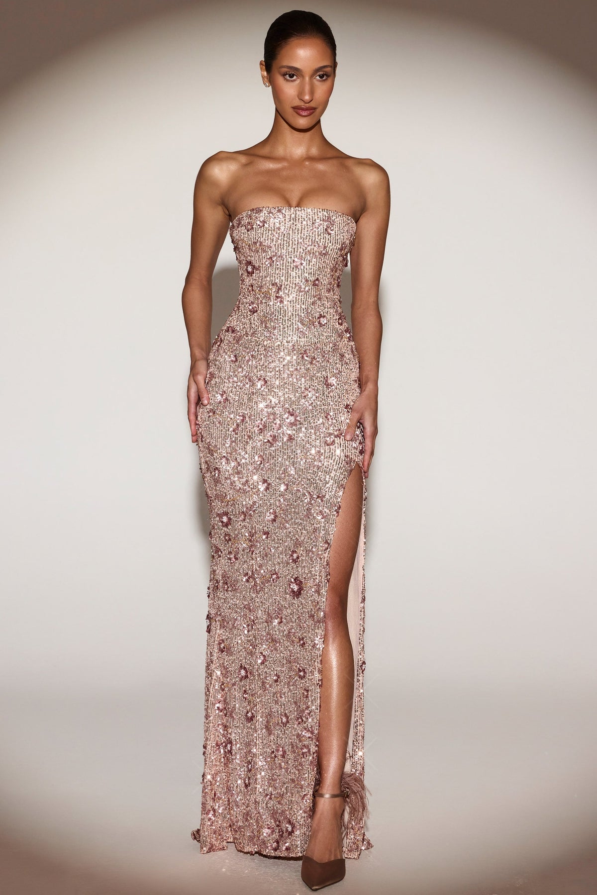 Embellished Bandeau-Neck Strapless Gown in Rose Gold – view 10