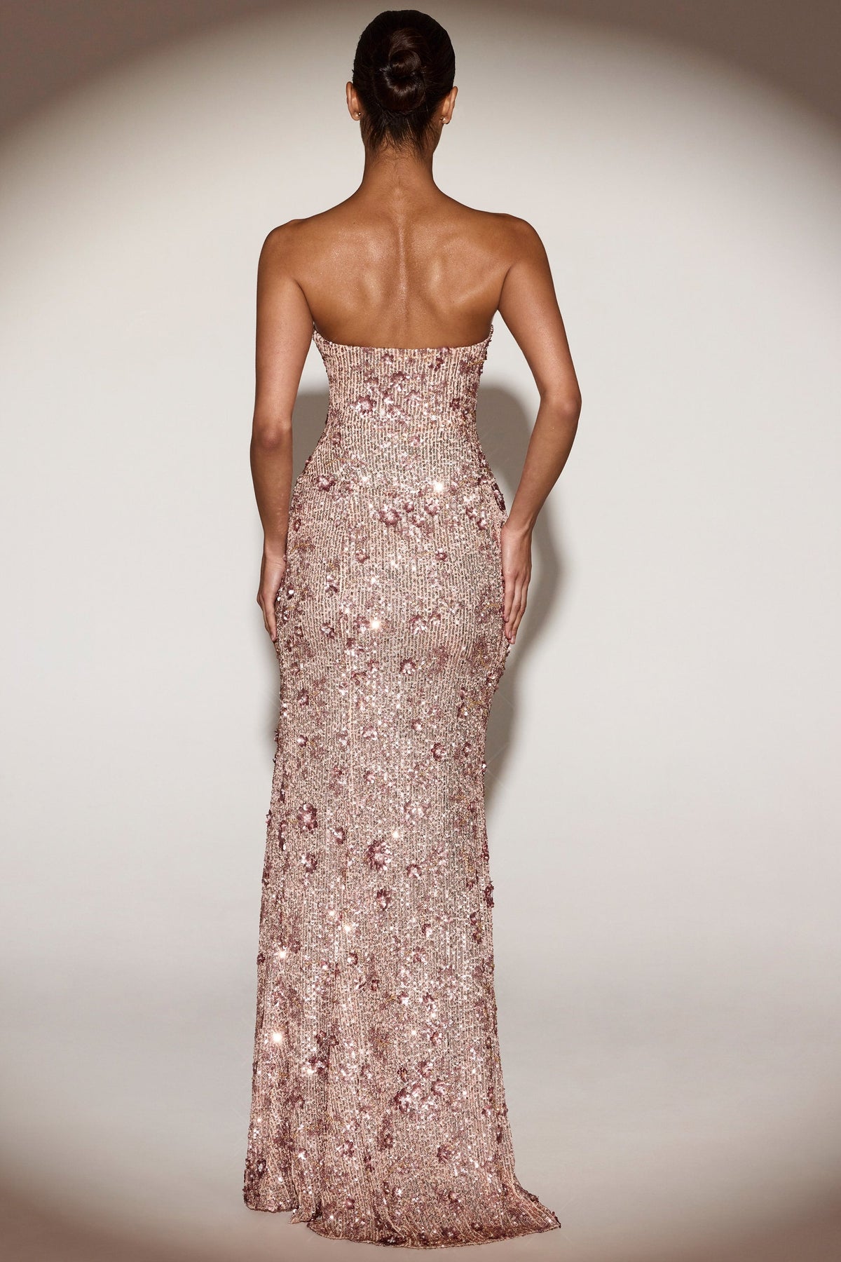 Embellished Bandeau-Neck Strapless Gown in Rose Gold – view 3