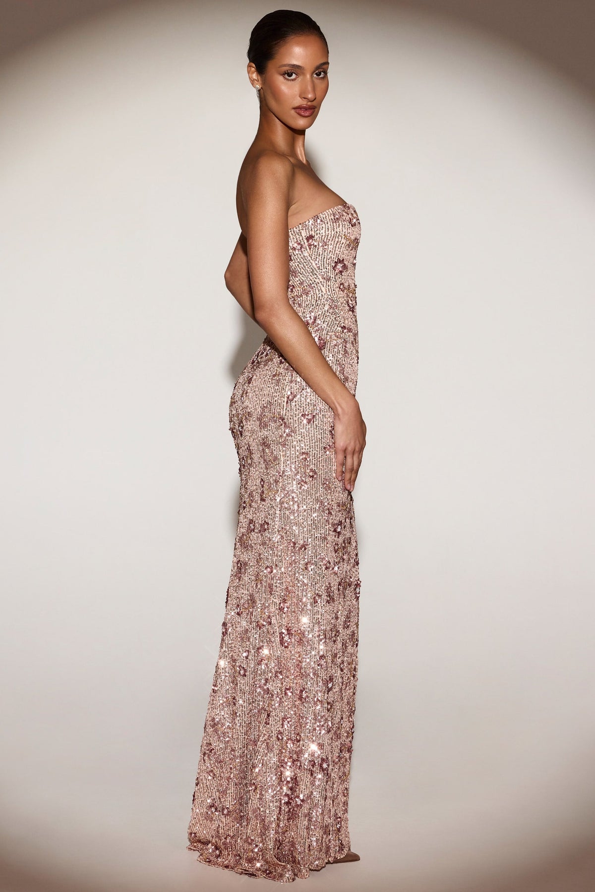 Embellished Bandeau-Neck Strapless Gown in Rose Gold – view 8