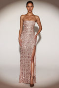 Embellished Bandeau-Neck Strapless Gown in Rose Gold – view 1