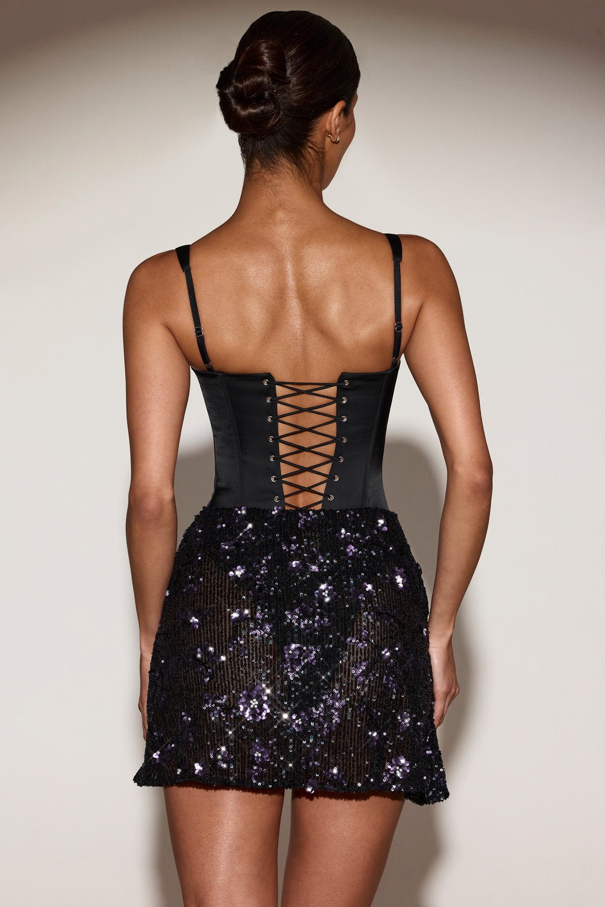 Satin Corset Embellished Skirt Mini Dress in Black Purple – view 2