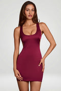 Scoop Neck Lace-up Back Mini Dress in Wine Red – view 1