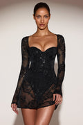 Sheer Embellished Bodysuit Corset Mini Dress in Black – view 1