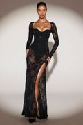 Sheer Embellished Bodysuit Corset Gown Dress in Black – view 1