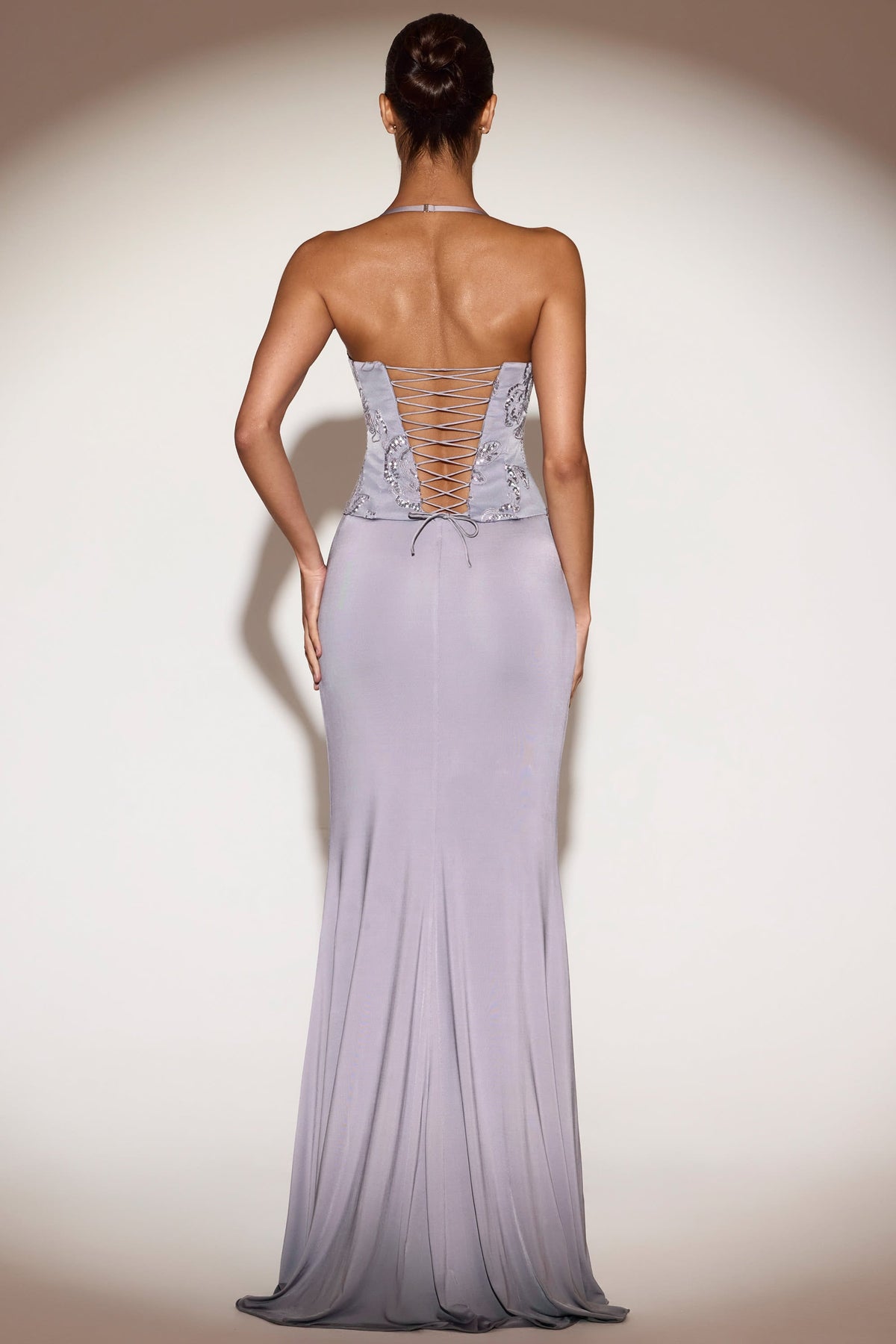 Embellished Cowl-Neck Ruffled Gown Dress in Lilac – view 2