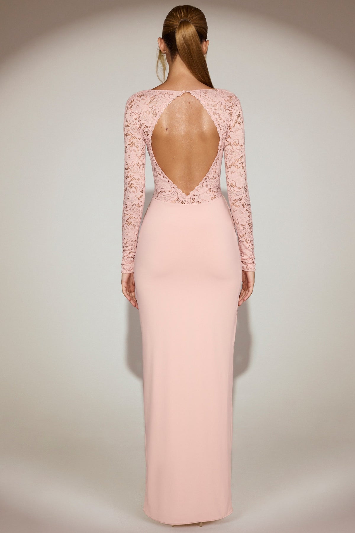 Lace Scalloped Plunge-Neck Maxi Dress in Pink – view 7