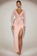 Lace Scalloped Plunge-Neck Maxi Dress in Pink – view 1