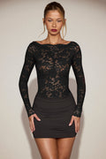 Sheer Lace Boat-Neck Mini Dress in Black – view 1