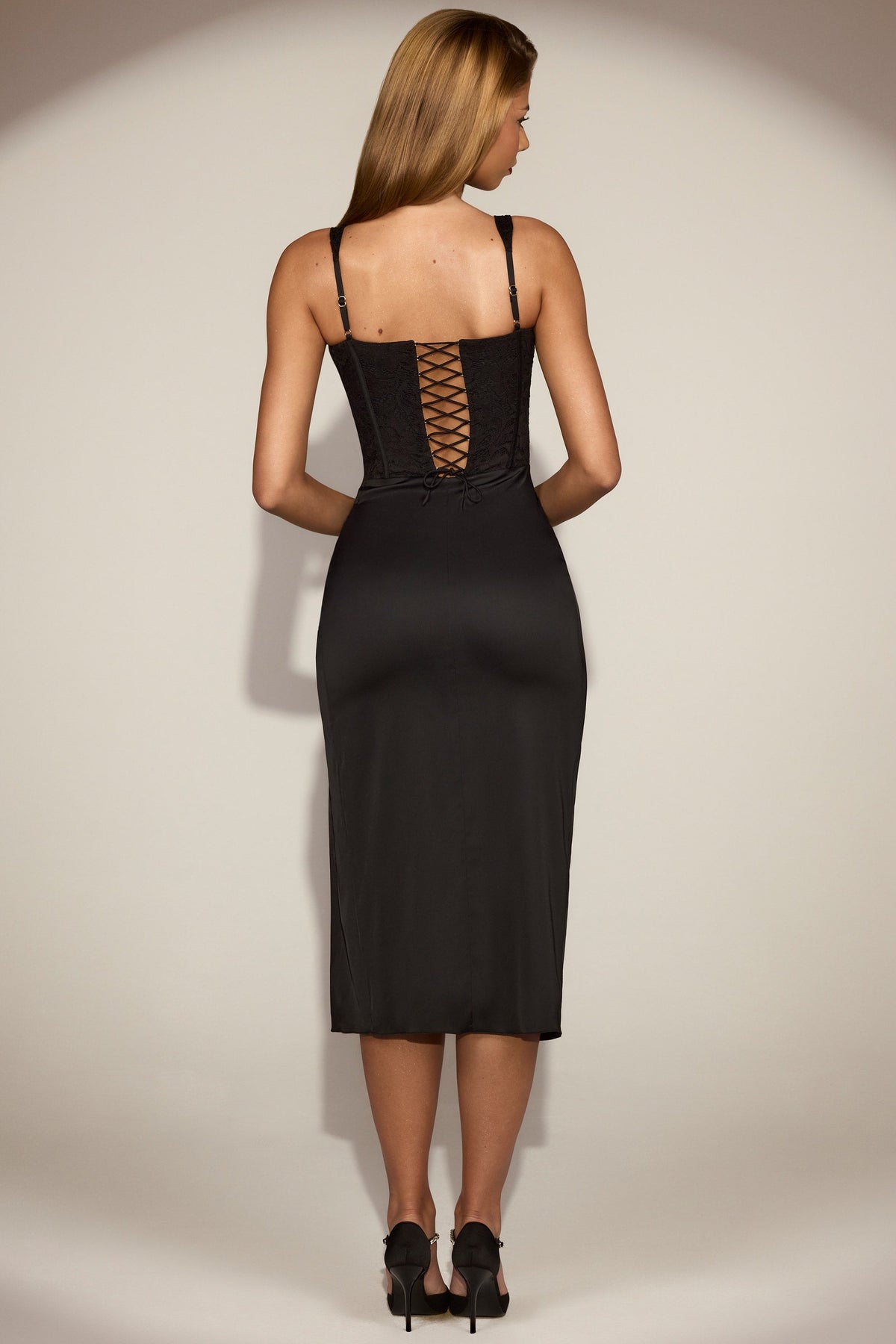 Lace Soft-Scoop Corset Satin Midaxi Dress in Black – view 6