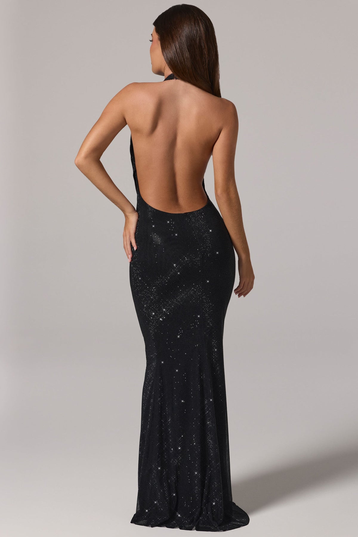 Embellished Cowl-Neck Backless Gown in Black – view 6