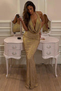 Embellished Cowl-Neck Backless Gown in Gold – view 1