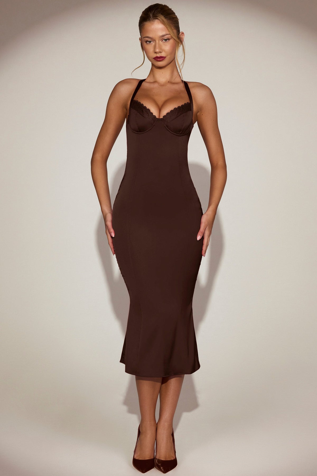 Satin Sweetheart Bustier Fishtail Midaxi Dress in Chocolate Brown – view 7