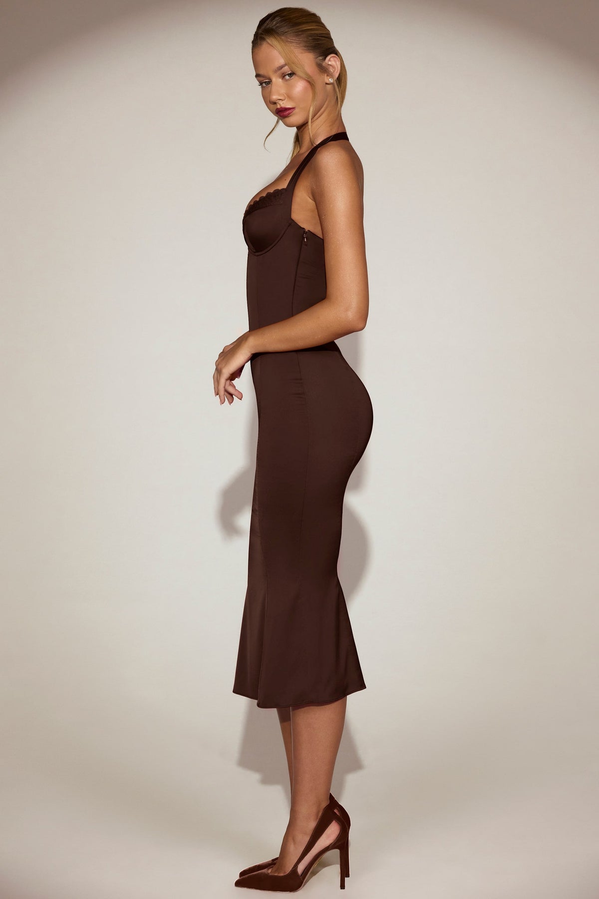 Satin Sweetheart Bustier Fishtail Midaxi Dress in Chocolate Brown – view 3