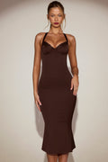 Satin Sweetheart Bustier Fishtail Midaxi Dress in Chocolate Brown – view 1