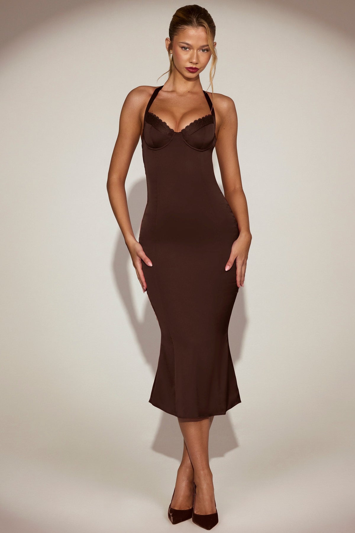 Satin Sweetheart Bustier Fishtail Midaxi Dress in Chocolate Brown – view 8
