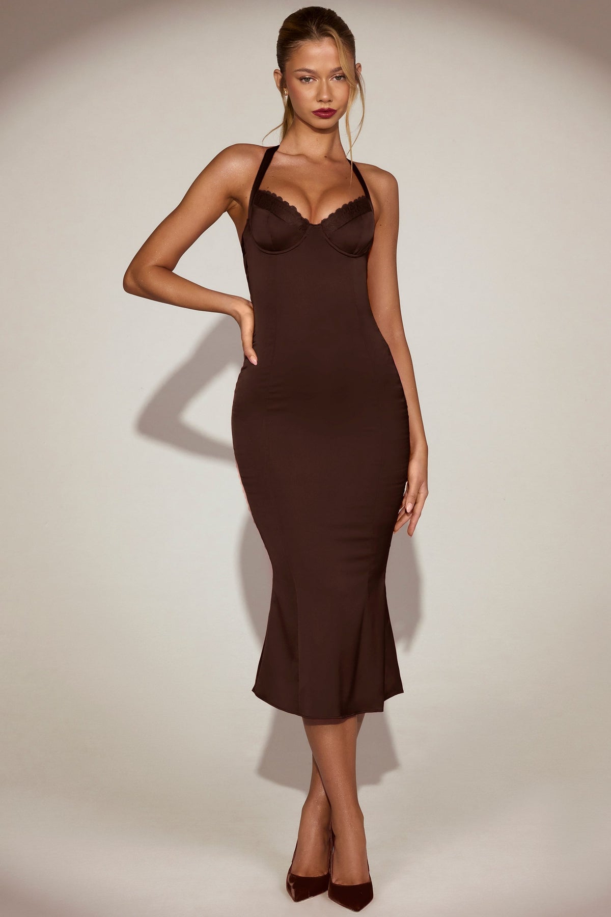 Satin Sweetheart Bustier Fishtail Midaxi Dress in Chocolate Brown – view 9