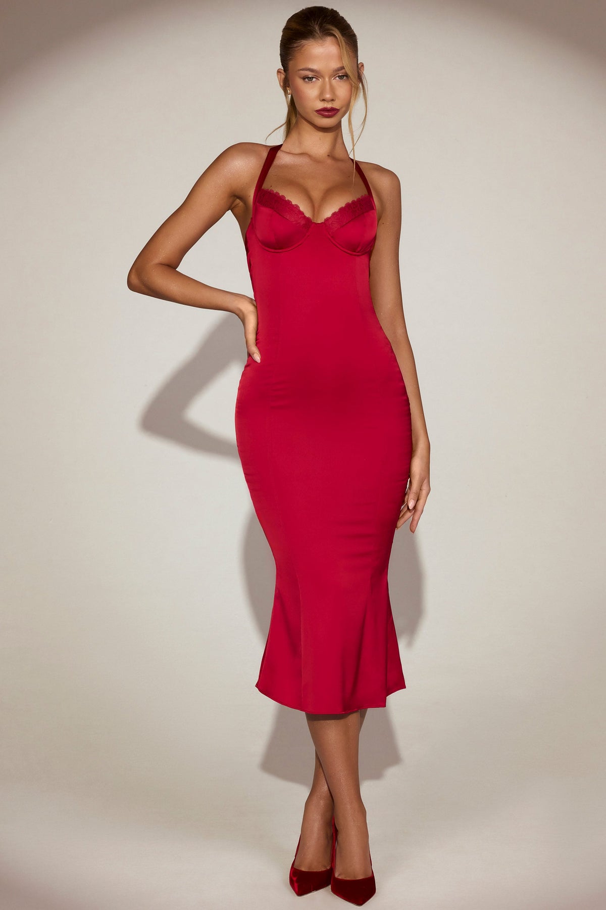 Satin Sweetheart Bustier Fishtail Midaxi Dress in True Red – view 10