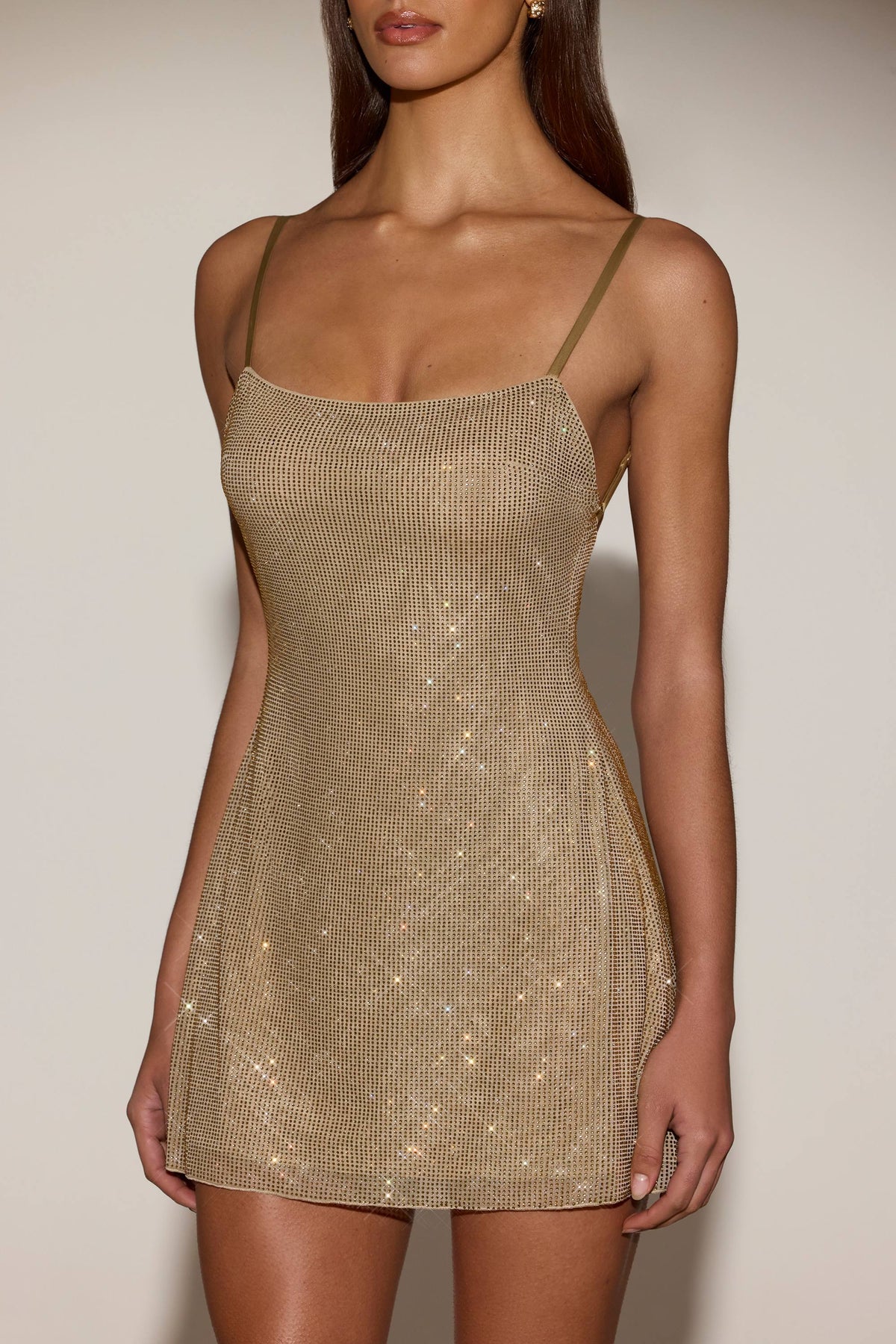 Embellished Soft-Scoop Backless Fitted Mini Dress in Gold – view 6