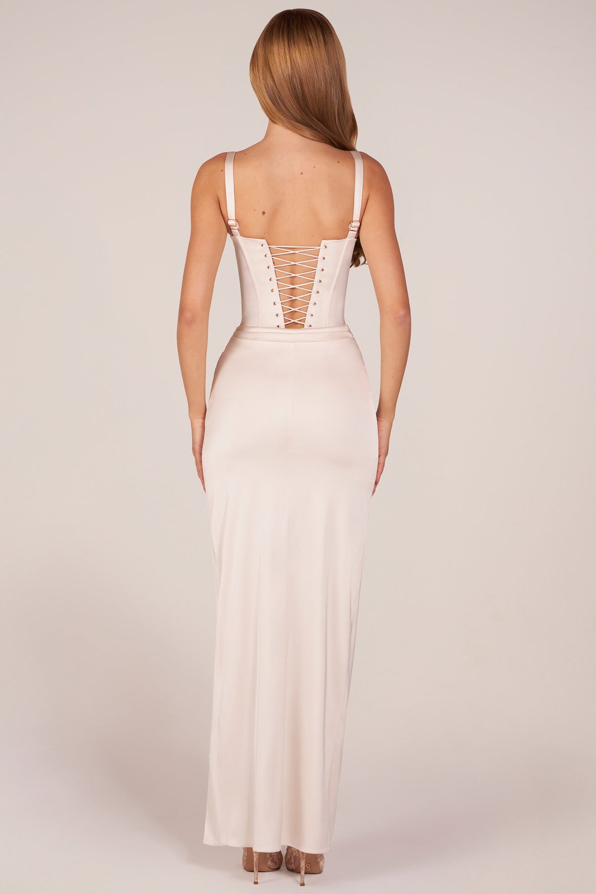 Corseted Thigh-High Split Maxi Dress in Ivory – view 6