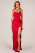 Corseted Thigh-High Split Maxi Dress in Rose Red – view 1