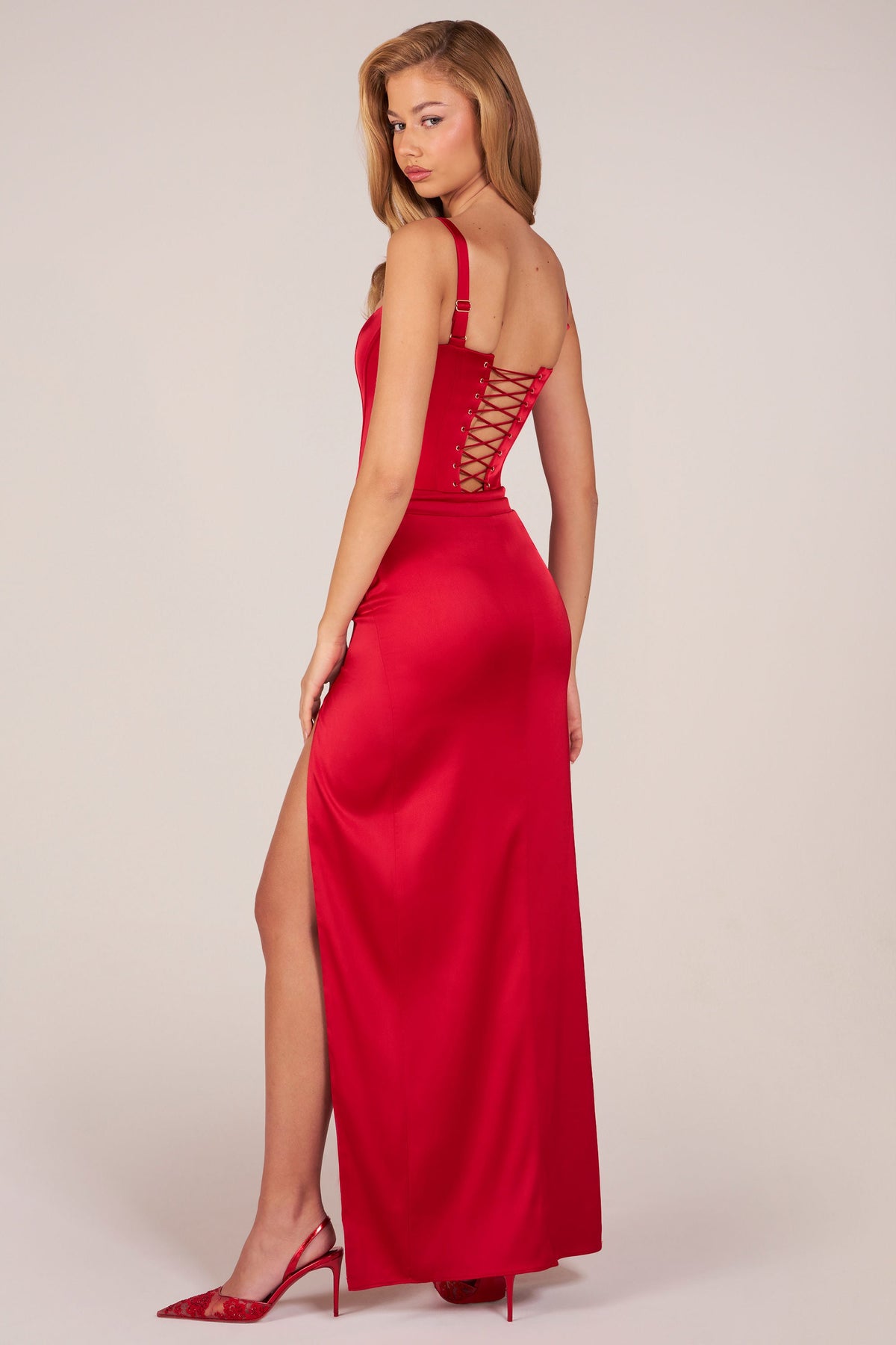 Corseted Thigh-High Split Maxi Dress in Rose Red – view 7