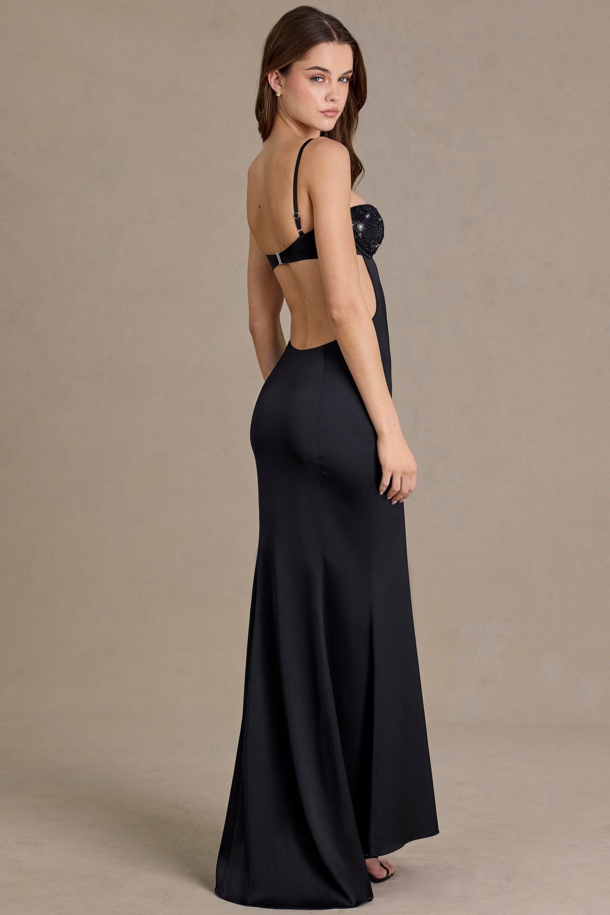 Premium Satin Embellished Bralette Gown in Black – view 2