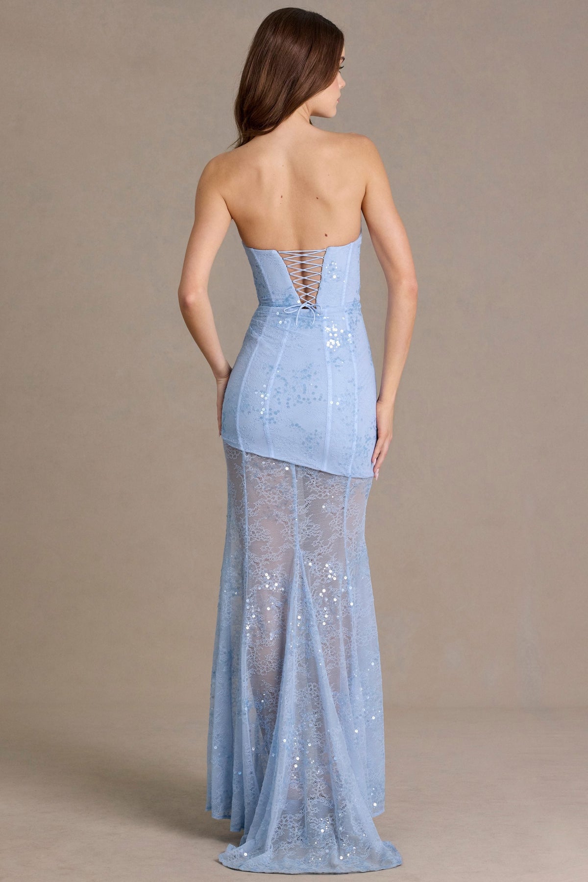 Premium Embellished Lace Corset Gown in Sky Blue – view 3