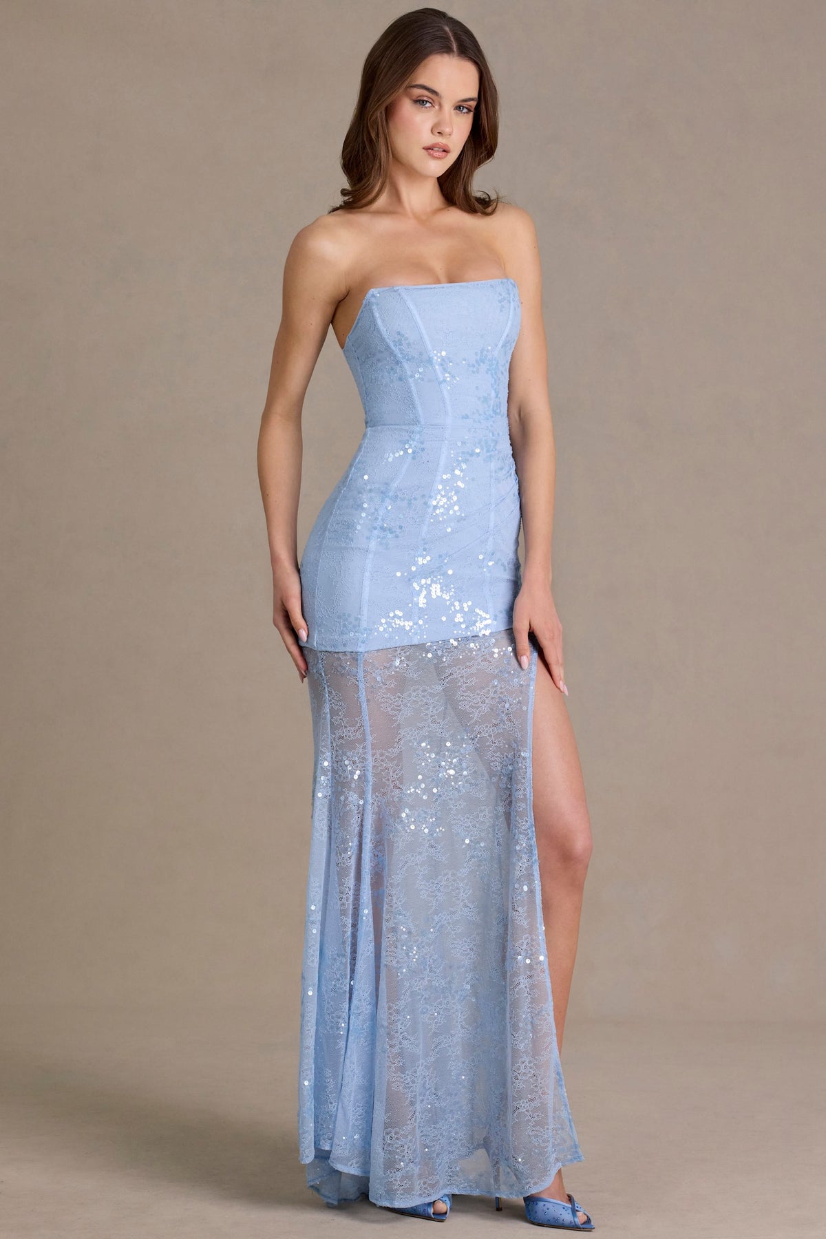 Premium Embellished Lace Corset Gown in Sky Blue – view 4