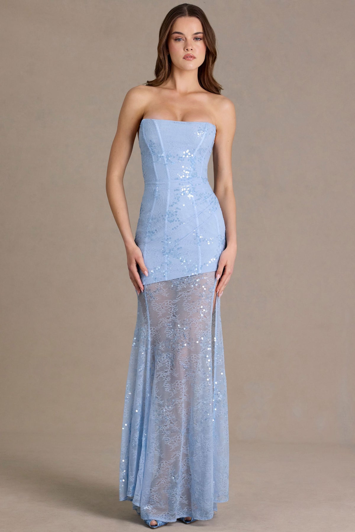 Premium Embellished Lace Corset Gown in Sky Blue – view 8