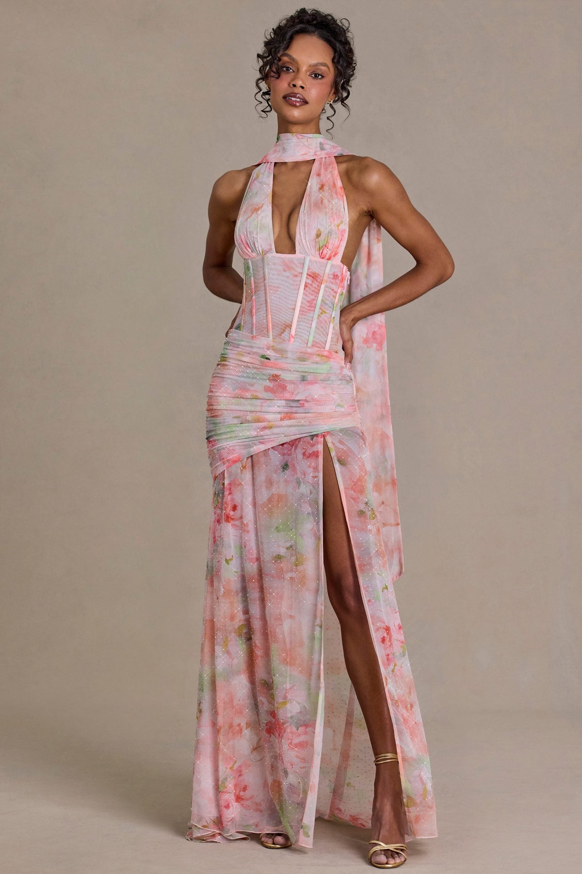 Premium Embellished Scarf-Detail Maxi Dress in Pink Floral Print – view 1