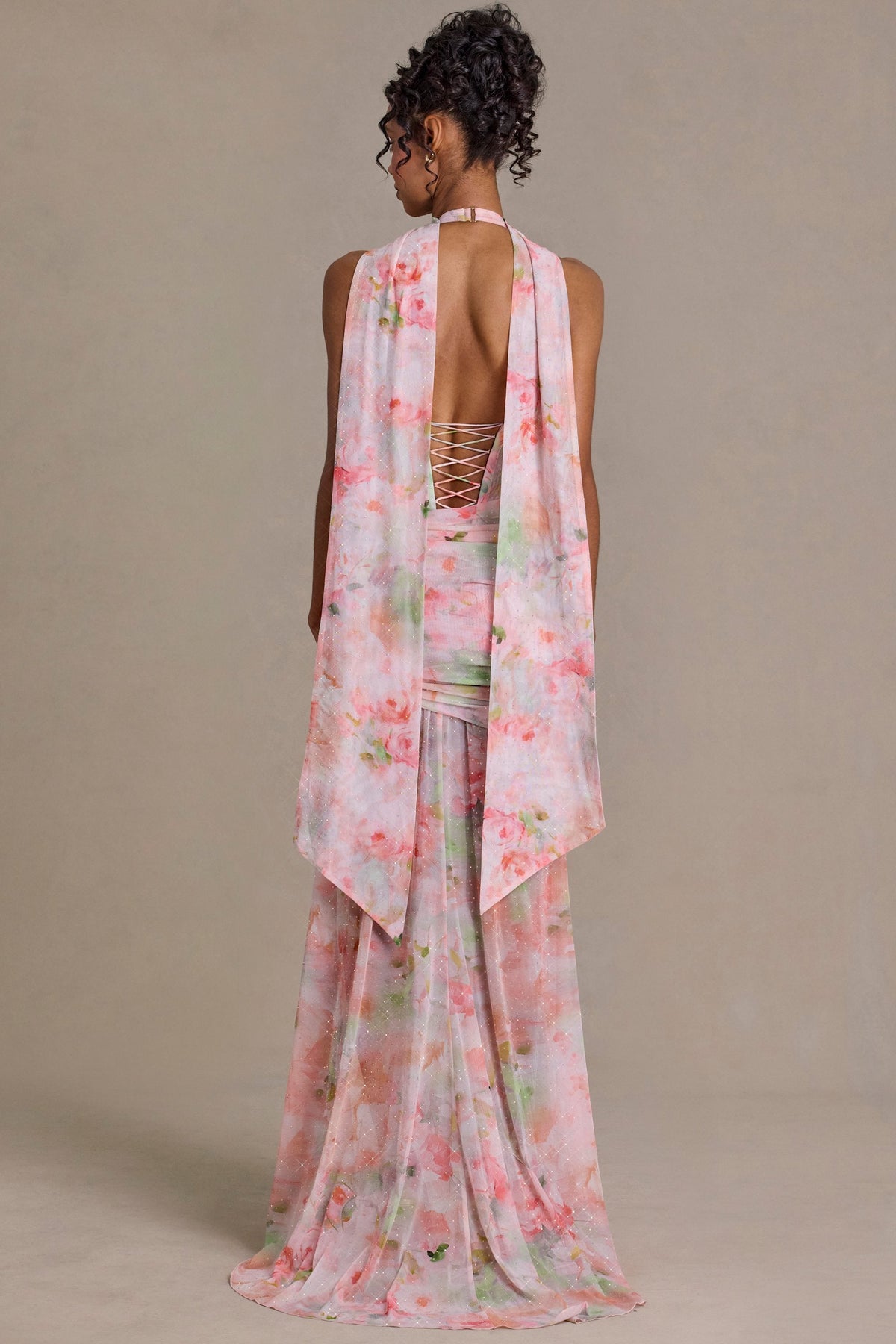 Premium Embellished Scarf-Detail Maxi Dress in Pink Floral Print – view 5