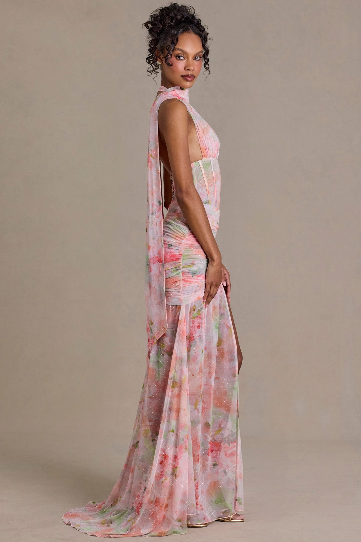 Premium Embellished Scarf-Detail Maxi Dress in Pink Floral Print – view 3