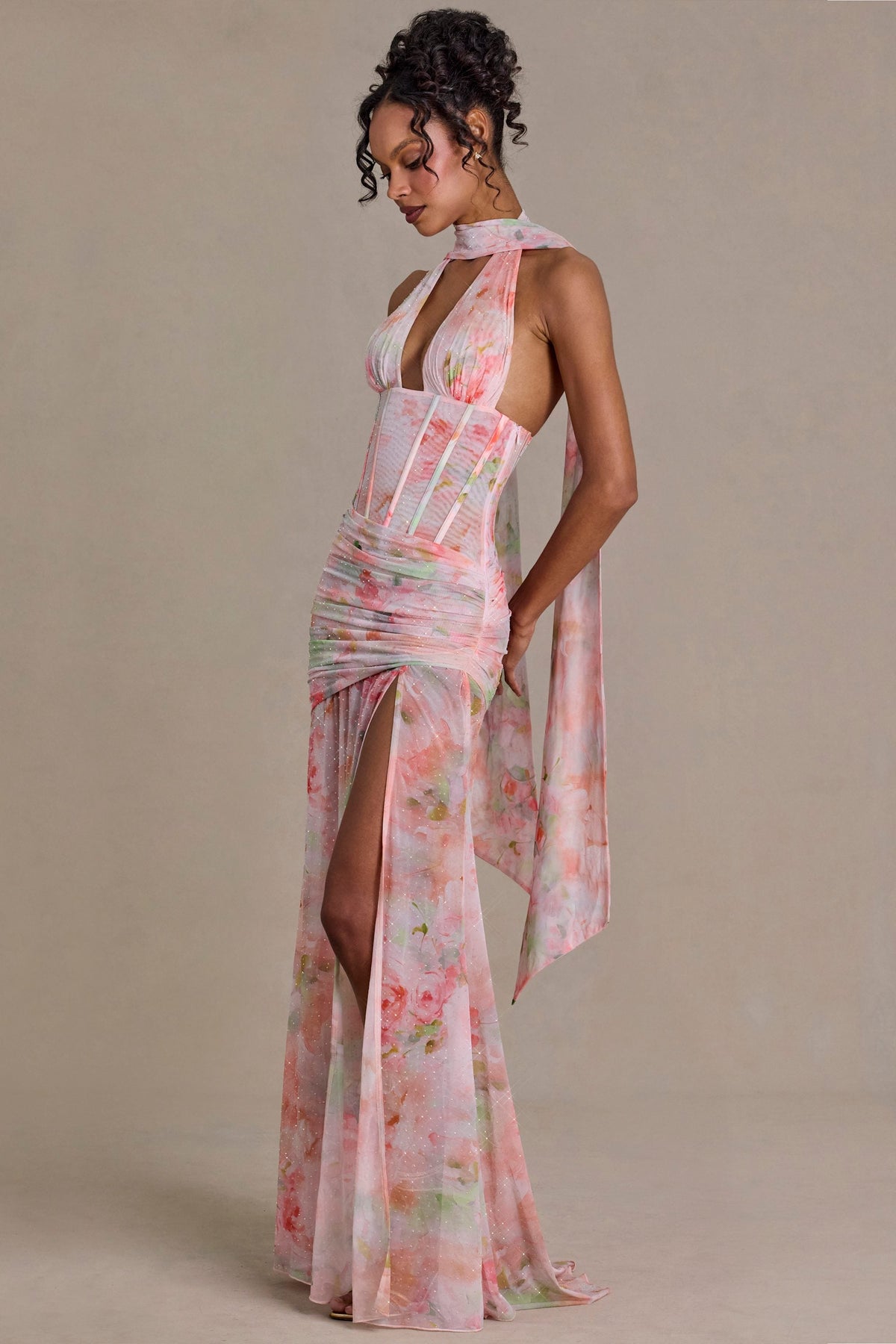 Premium Embellished Scarf-Detail Maxi Dress in Pink Floral Print – view 7