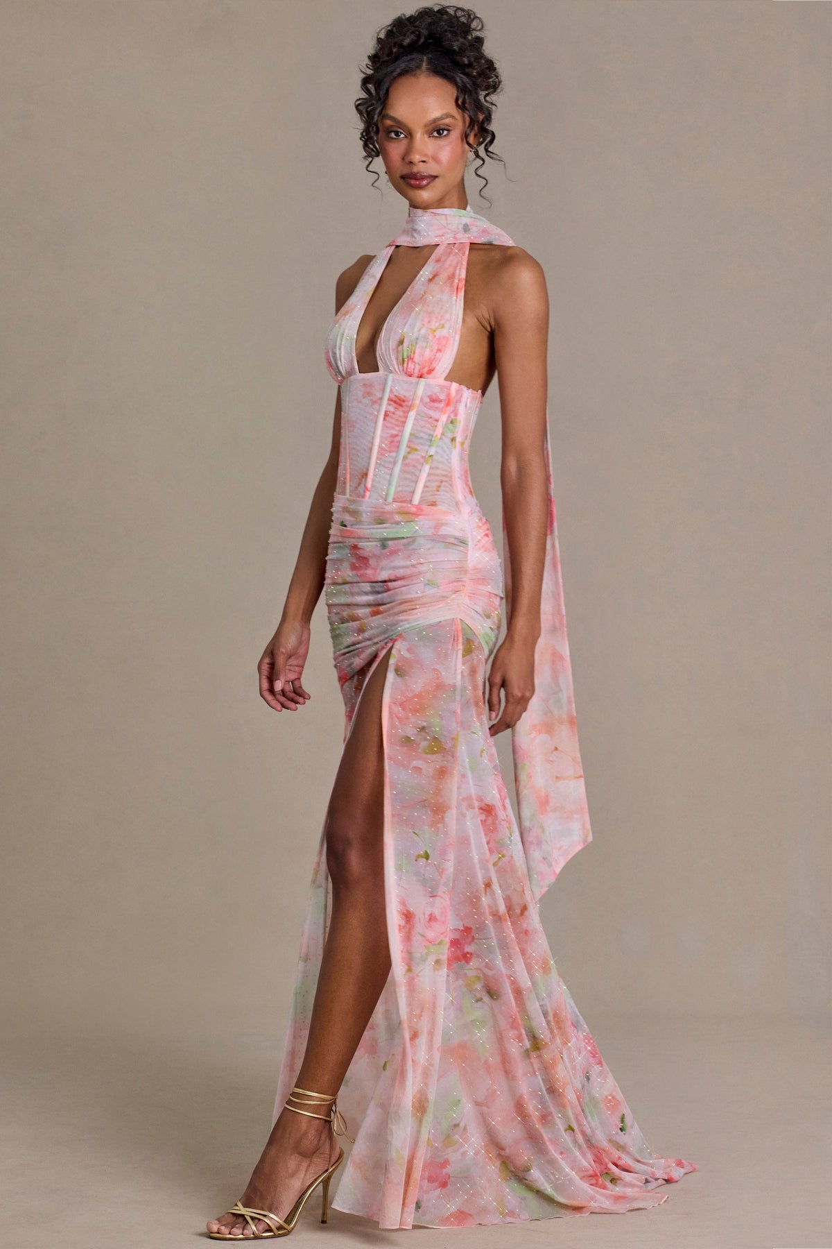 Premium Embellished Scarf-Detail Maxi Dress in Pink Floral Print – view 8