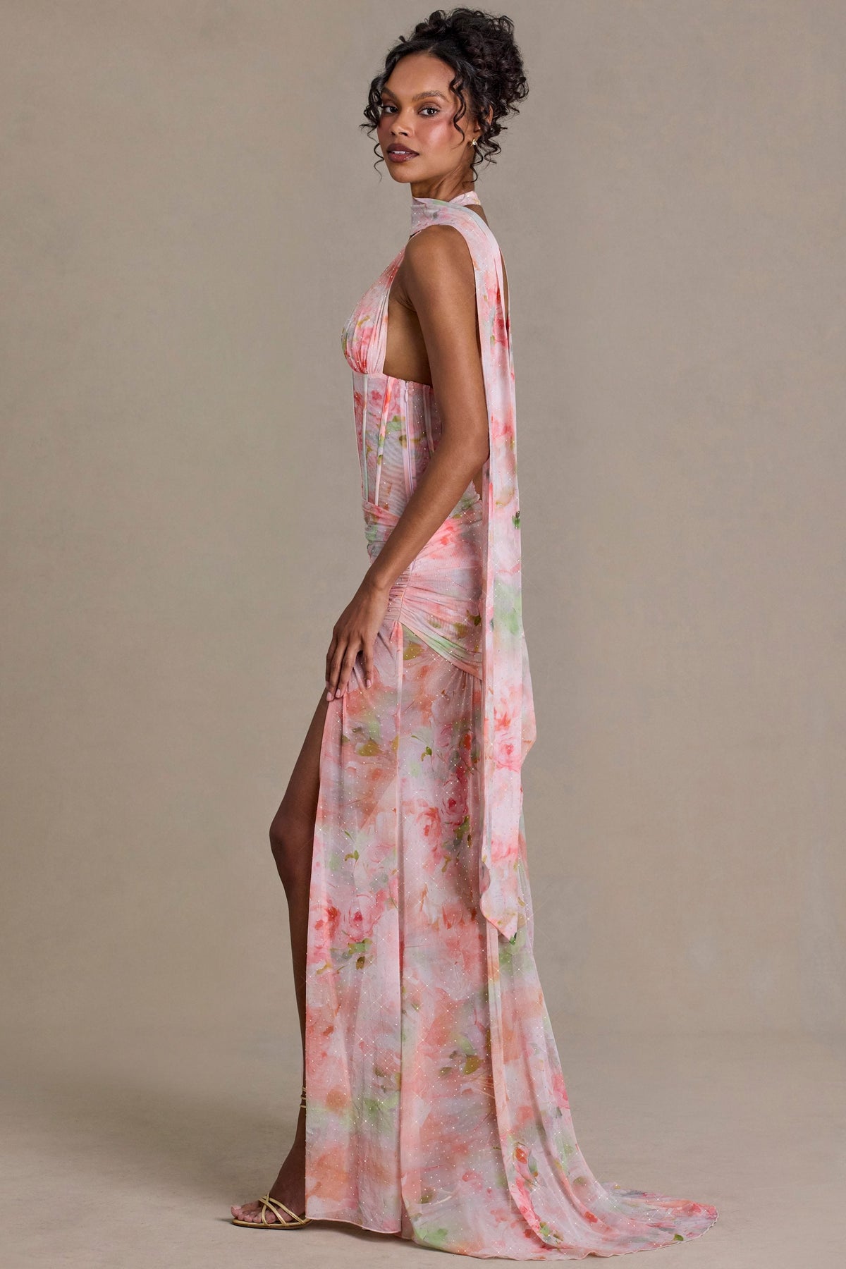 Premium Embellished Scarf-Detail Maxi Dress in Pink Floral Print – view 6