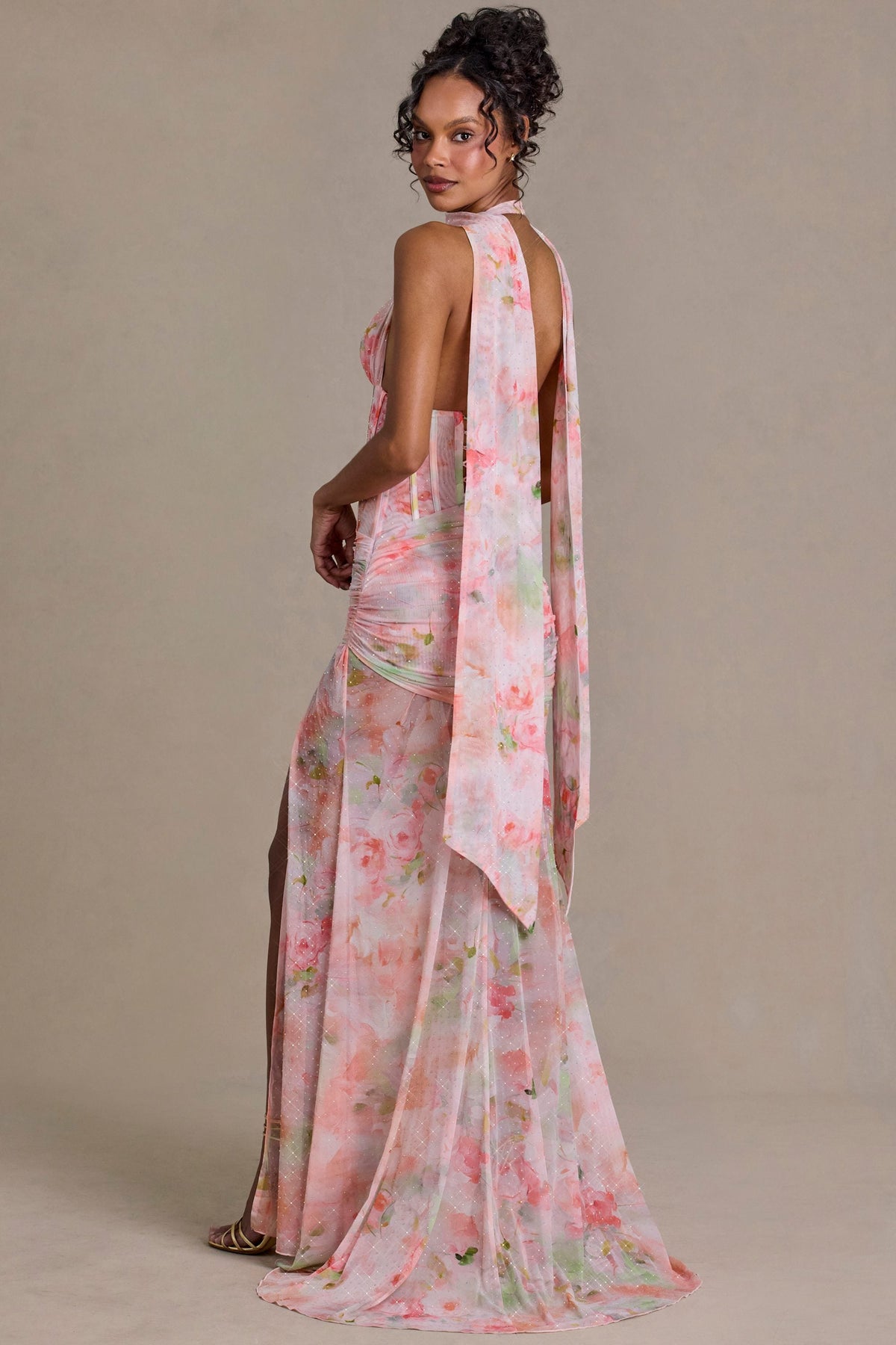 Premium Embellished Scarf-Detail Maxi Dress in Pink Floral Print – view 2