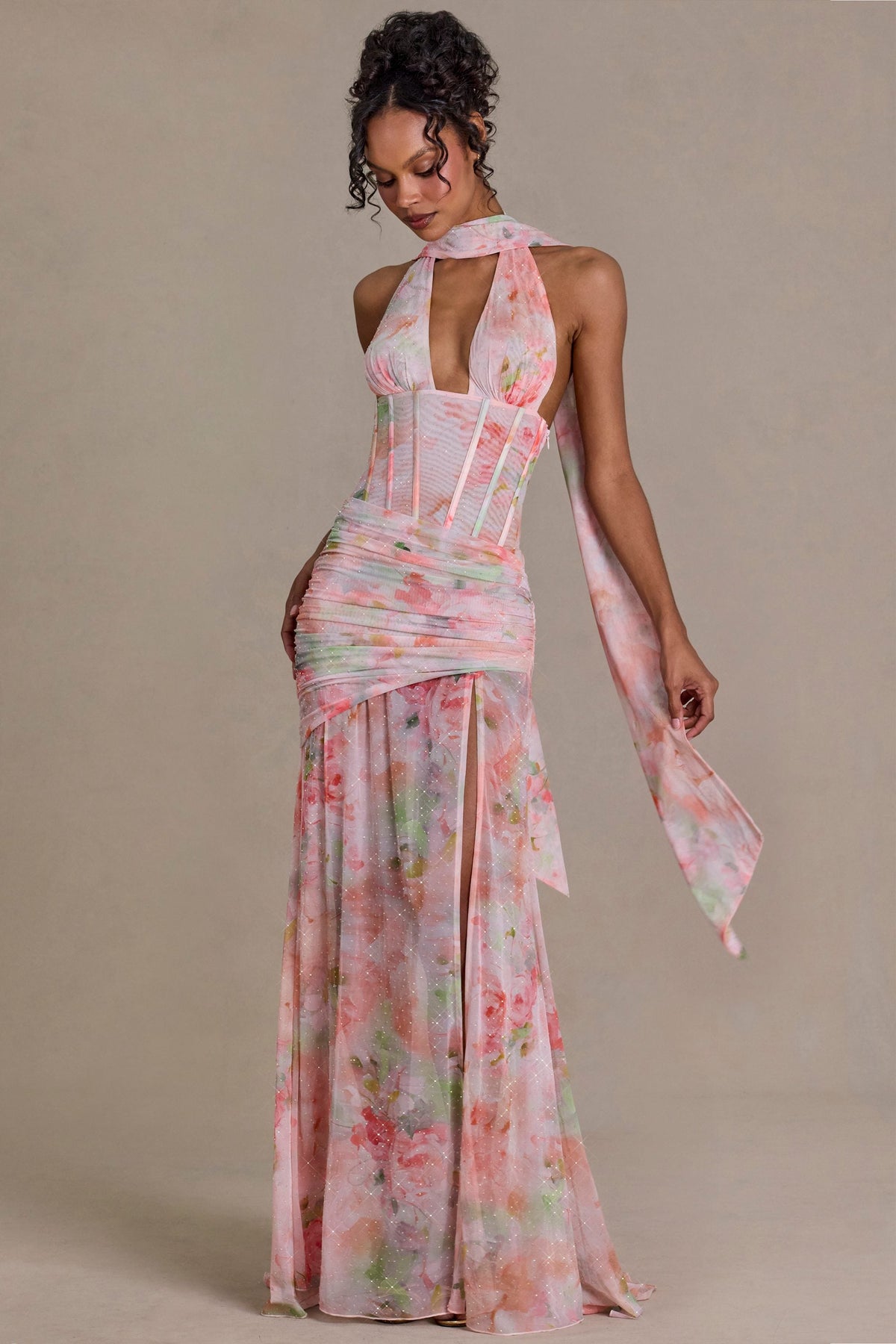 Premium Embellished Scarf-Detail Maxi Dress in Pink Floral Print – view 4