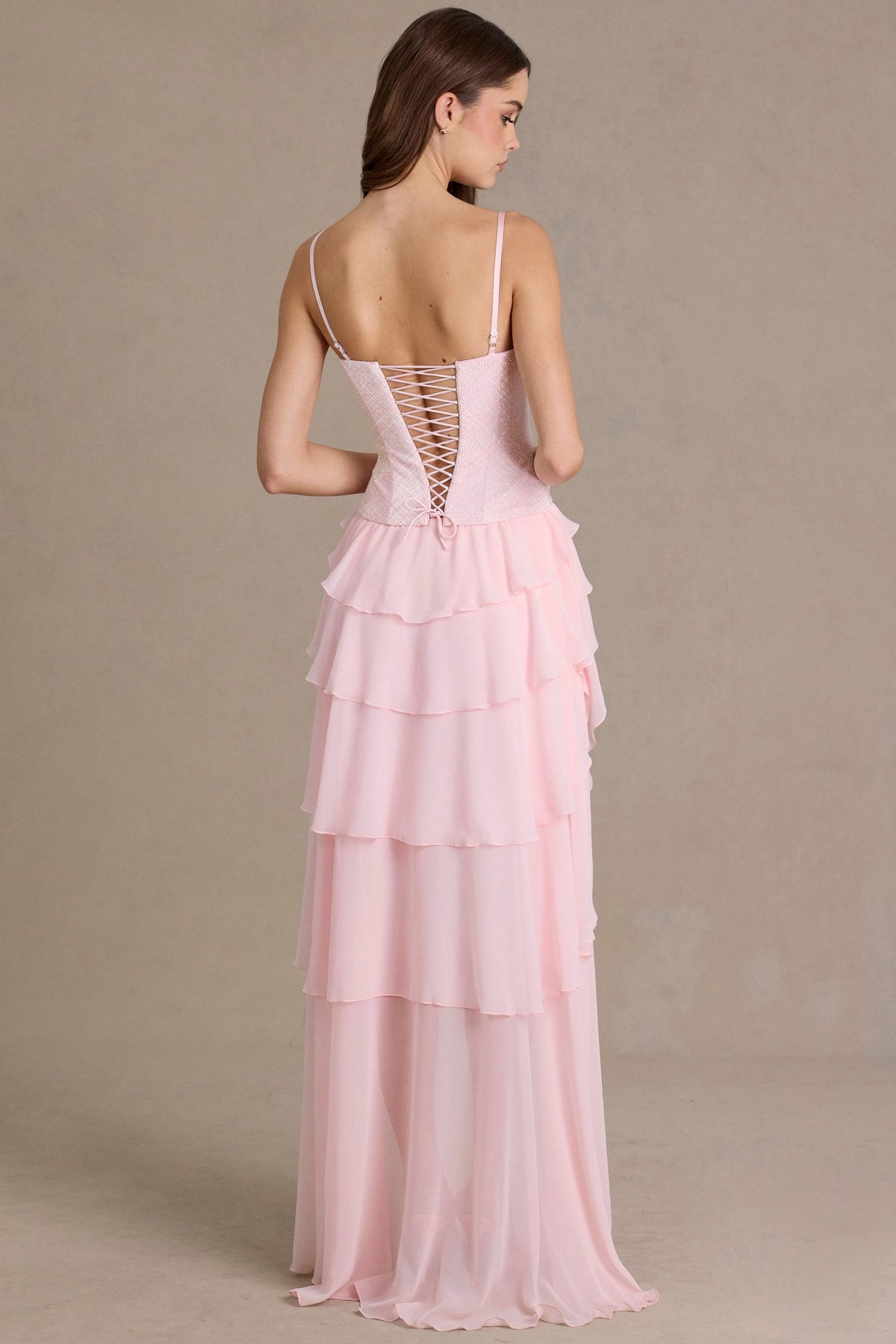 Premium Embellished Cowl-Neck Corset Gown in Baby Pink – view 2