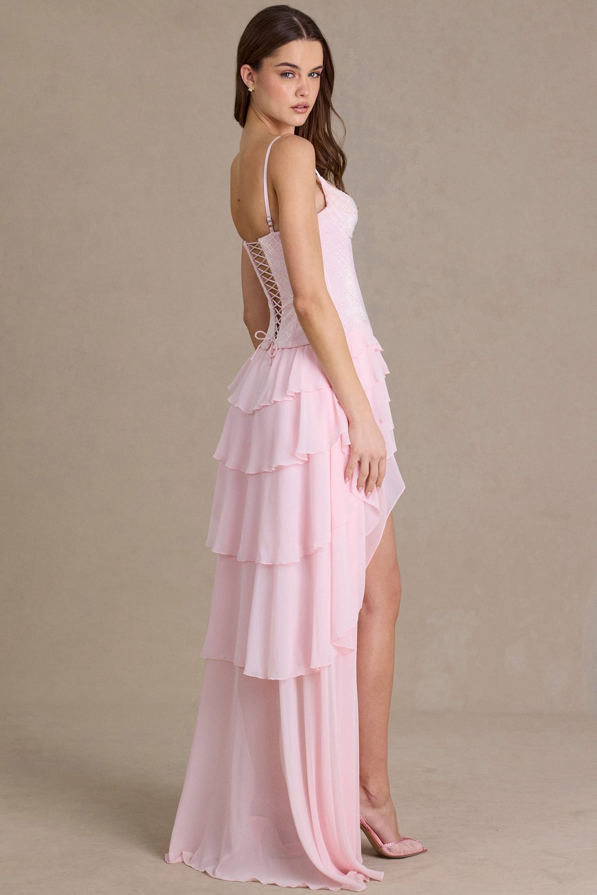 Premium Embellished Cowl-Neck Corset Gown in Baby Pink – view 3
